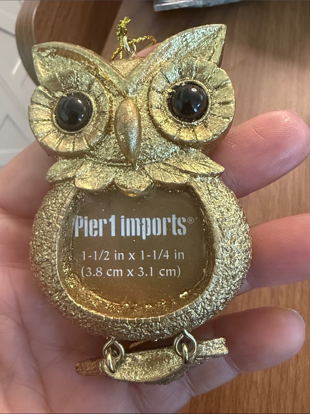 New Pier 1 Gold Owl Mini Photo Frame Ornament Metal Tassel Feet NWOT
